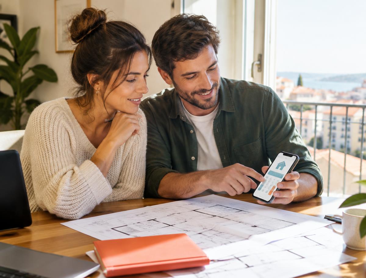 Couple trying a mortgage calculator